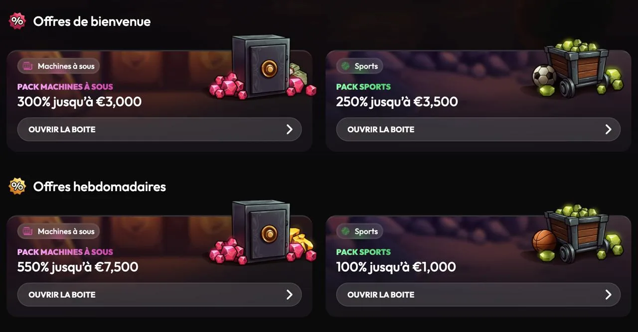 Page Promotions Mad Casino : Pack Machines à sous 300 % jusqu'à 3 000 € et Pack Sports 250 % jusqu'à 3 500 €