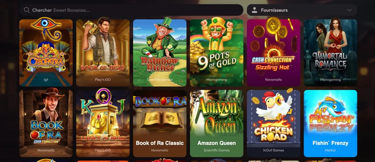 Catalogue de machines à sous Mad Casino : Cleopatra, Book of Dead, Rainbow Riches, 9 Pots of Gold, Sizzling Hot et Immortal Romance