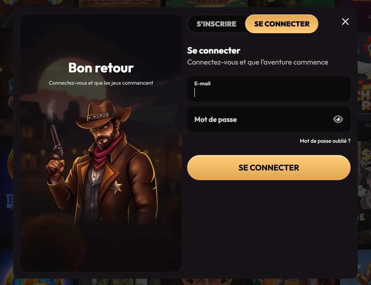 Modale de connexion Mad Casino avec champs e-mail et mot de passe