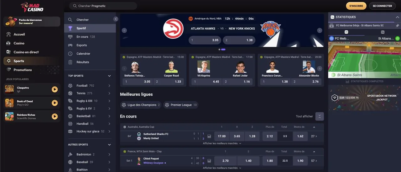 Section paris sportifs Mad Casino : NBA Hawks contre Knicks, ATP Madrid, marchés Plus de / Moins de